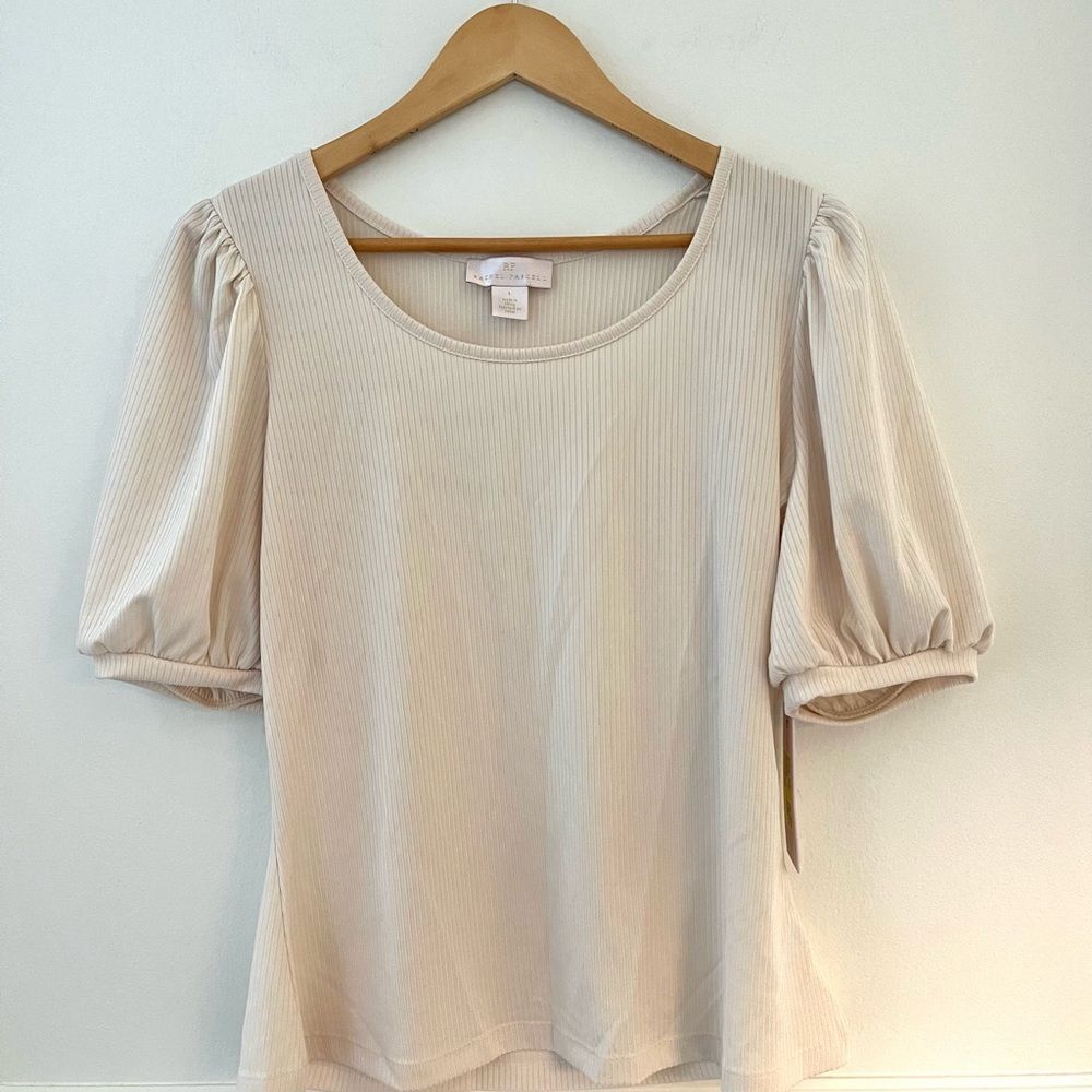 Rachel Purcell Scoop Neck Elbow Sleeve‎ Lightweight Stretch Blouse Large NWT